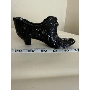 Fenton Black Glass Shoe with Cabbage Rose & Gold Toe